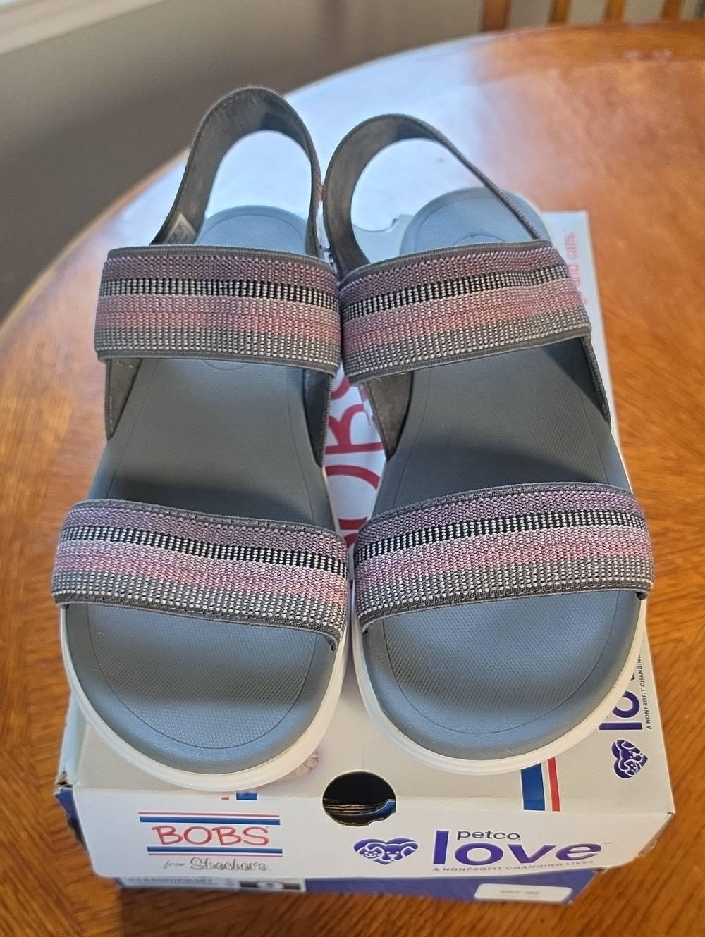 Bobs By SKECHERS Women's Gray Sandals with Pink Straps